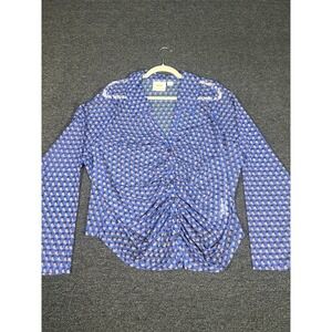 Anthropologie Top Large Womens 3X Maeve Blue Crop Geometric Mesh Collared Ruched